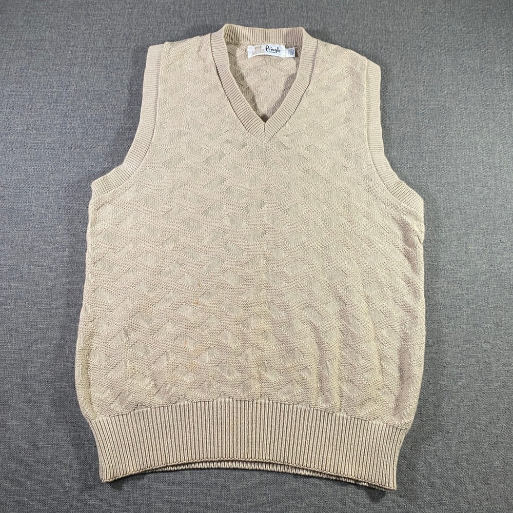 Pringle of Scotland Vintage Mens L Sweater Vest Beige Diamond‎ Knit Sleeveless